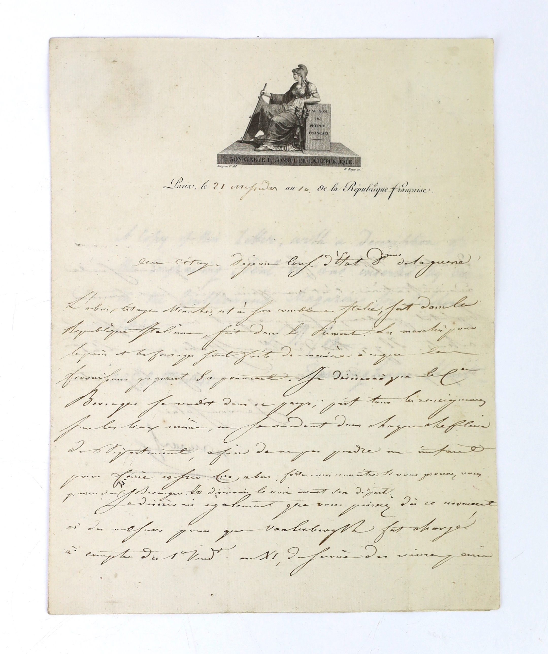 Napoleon Bonaparte (1769-1821), first consul of France; dictated letter, signed Bonaparte, to Citizen [Jean-François Aimé, Comte] Dejean, Councillor of State, Department of War administration; 21 Messidor Year 10 [9 July